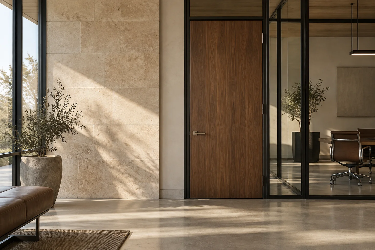 Architectural concept showing a walnut door and dark metal office framing