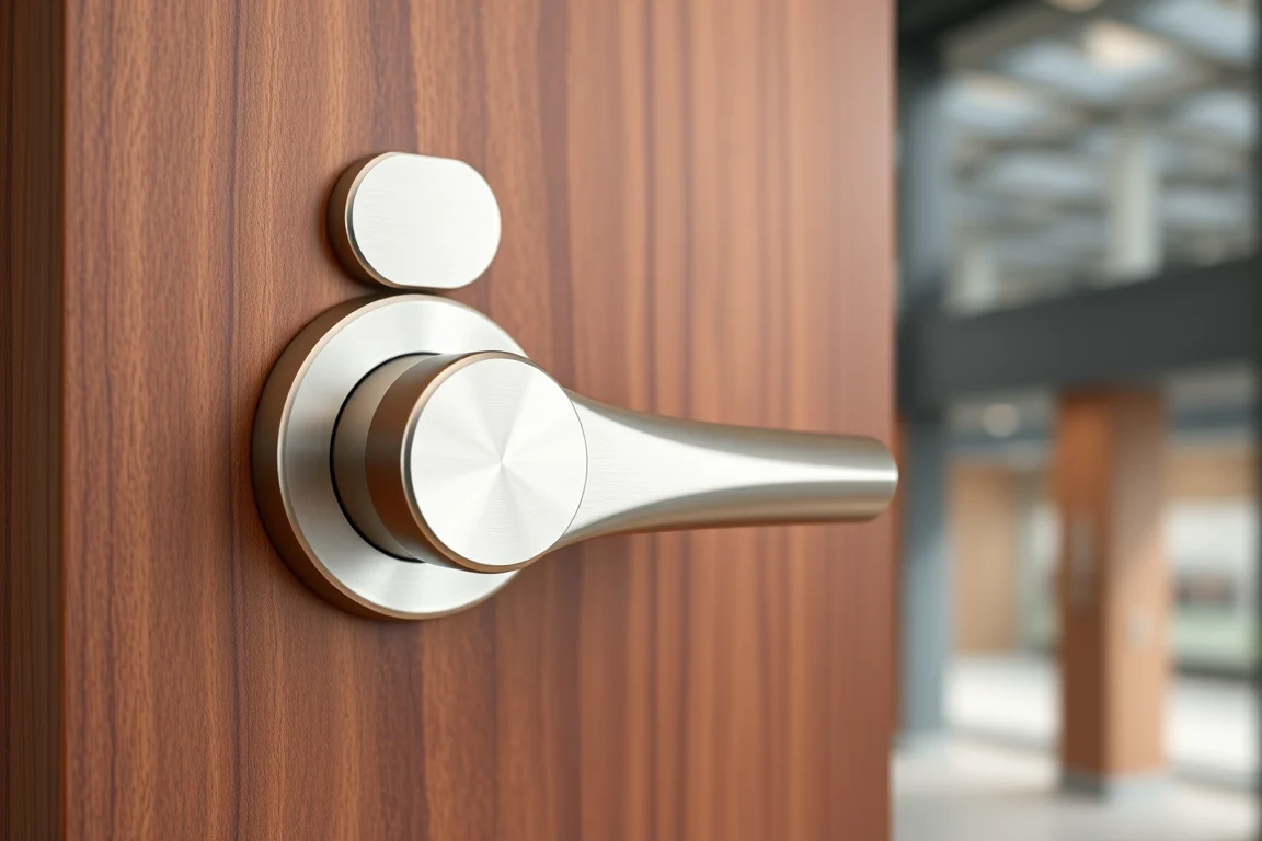 Brushed stainless steel lever handle on a walnut office door