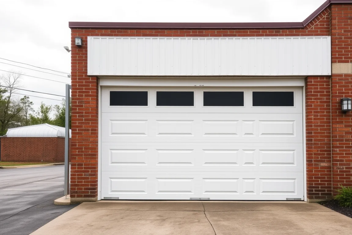 White sectional overhead doors on a commercial building